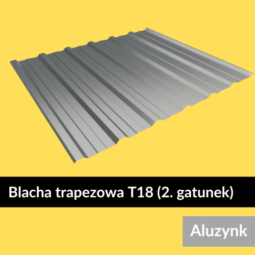 Blacha trapezowa T18 Aluzinc (alucynk), 2. gatunek – profil 18 mm; szerokość krycia 1125 mm (1175 mm całkowita). Dostępne długości 2–3,5 m od ręki oraz cięcie na wymiar. Idealna na dach i elewację, odporna na korozję – Alfapanel.
