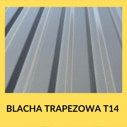 Ekonomiczna blacha trapezowa T14 (2. gatunek) na dach garażu i wiaty; krycie 960 mm, grubość 0,40–0,50 mm; ocynk + poliester 25 µm – Alfapanel.