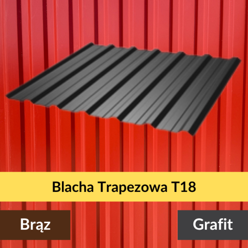 Blacha trapezowa T18 w kolorze grafit RAL 7016 (2. gatunek) – szerokość krycia 1125 mm, grubość 0,40–0,50 mm, powłoka ocynk + poliester 25 µm; zastosowanie na dach i elewację – Alfapanel.