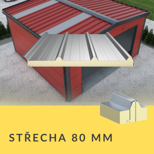 Fotografie střešních sendvičových panelů PIR o tloušťce 80 mm s trapézovým vnějším plechem, efektivním modulem krytí 1080 mm a možností délek až 14 m; profesionální řešení pro střechy hal, skladů a komerčních objektů