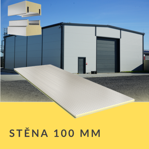 Stěnový sendvičový panel PIR tloušťky 100 mm s modulem krytí 1150 mm a součinitelem prostupu tepla Uc 0,219 W/m²K; pozinkované ocelové plechy s polyesterovým povlakem 25 µm – rychlá montáž pro stěny hal, skladů a komerčních objektů (Alfapanel).