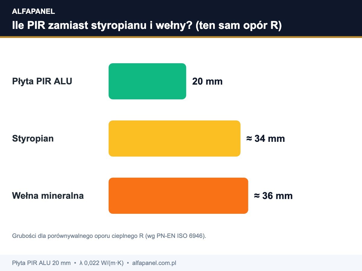 Ile PIR zamiast styropianu i welny: 20 mm PIR odpowiada okolo 34 mm styropianu i 36 mm welny dla tego samego oporu R