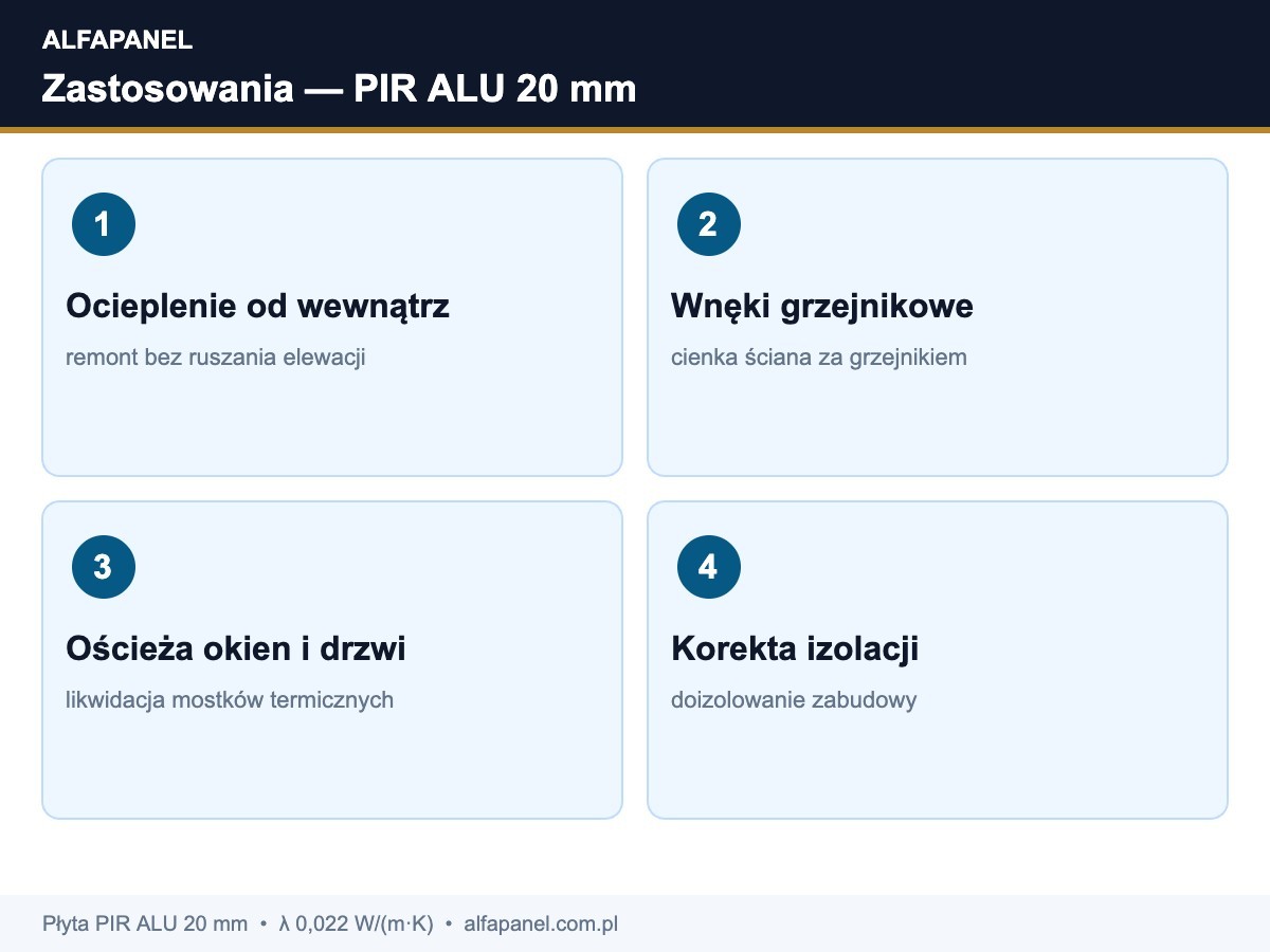 Zastosowania plyty PIR ALU 20 mm: docieplenie od wewnatrz, wneki grzejnikowe, oscieza, korekta izolacji