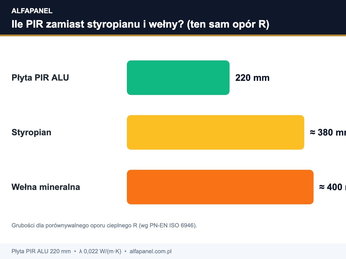 Ile PIR zamiast styropianu i welny: 220 mm PIR odpowiada okolo 380 mm styropianu i 400 mm welny