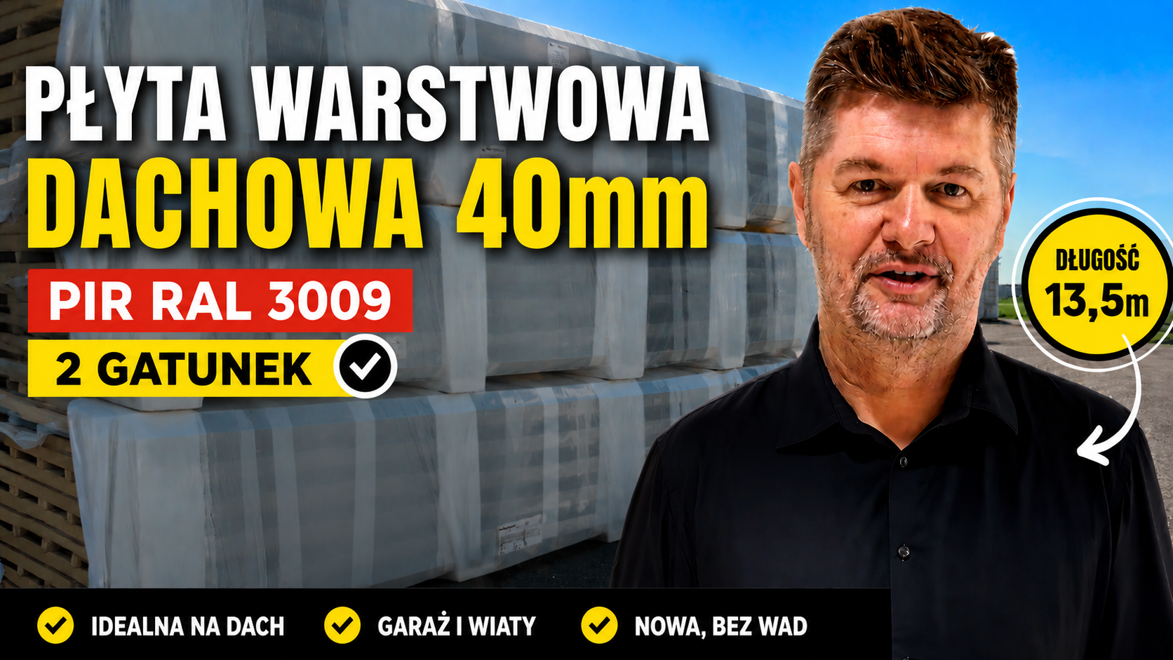 Płyta warstwowa dachowa 40 mm RAL 3009 – długość 13,5 m, 2 gatunek bez widocznych wad