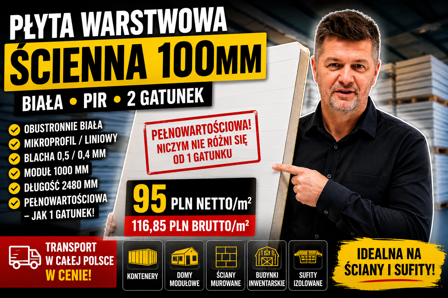 Płyta warstwowa ścienna 100 mm biała – PIR, 2 gatunek, długość 2480 mm